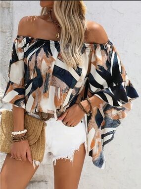 SHEIN Off-Shoulder Abstract Print Blouse in White, Black, Tan
